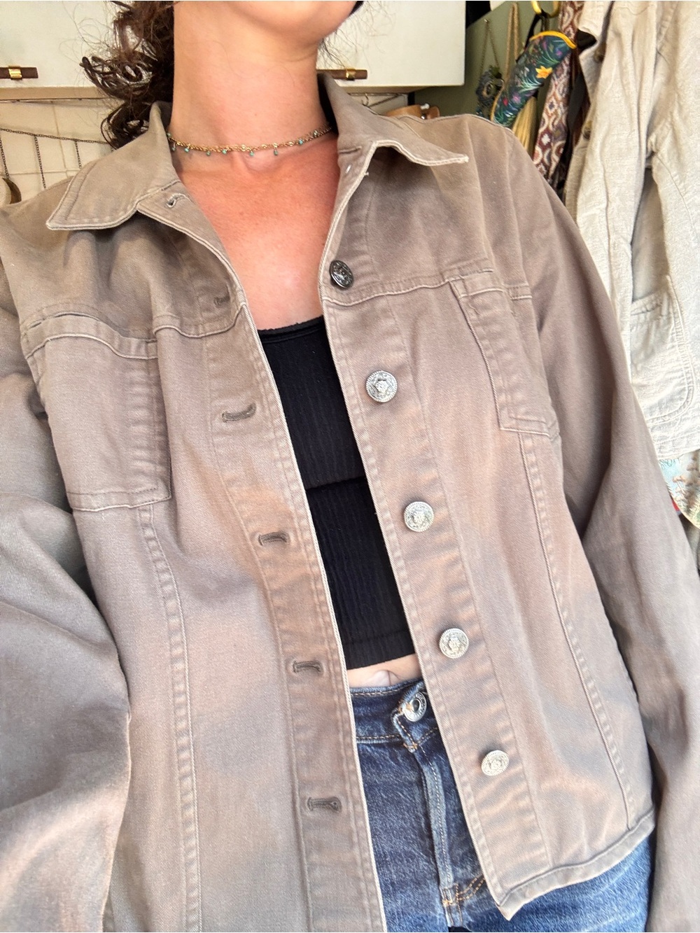 Christopher & Banks Taupe Button-Front Jean Jacket